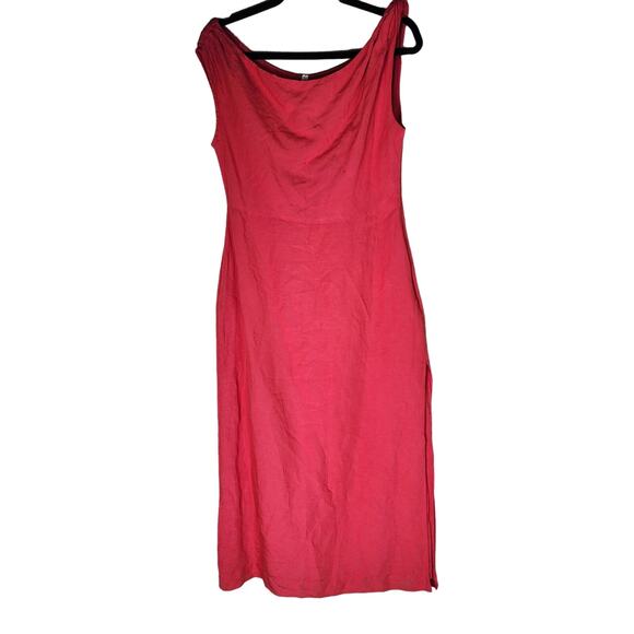 by Anthropologie Red Linen Blend Midi Length Dress Asymmetrical Neckline, S - Picture 2 of 8